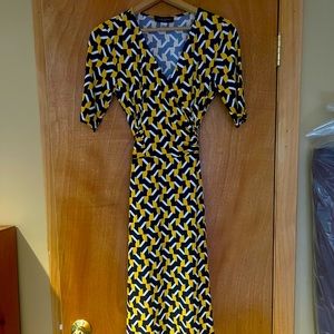 Julie Dillon Wrap Dress Navy Blue & Yellow Pattern Size 6